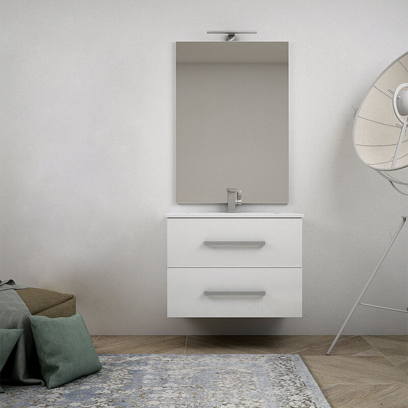 foto del prodotto baden haus mobile bagno sospeso bianco lucido 75 cm mosca con specchio filo lucido e colonna da 140 cm