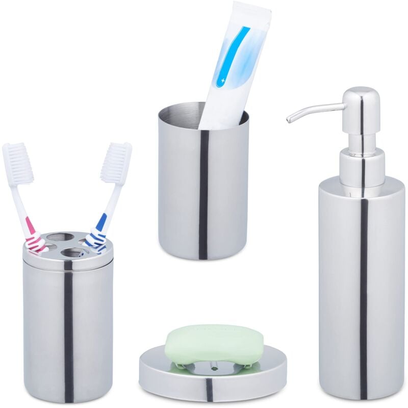 foto del prodotto bagno completo, 4 accessori, kit wc acciaio inox lucido, portaspazzolino, sapone e saponetta, argento, set da 1 pz relaxdays