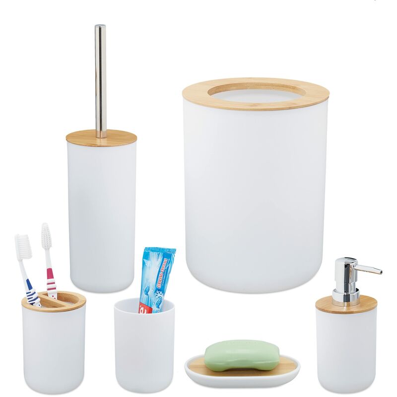 foto del prodotto bagno completo, 6, bamb , kit wc, porta spazzolino, dentifricio, sapone e saponetta, bianco, set da 6x accessori relaxdays