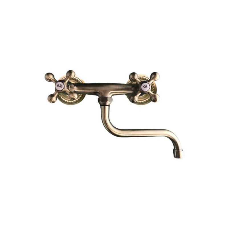 foto del prodotto bagnoclic rubinetto gruppo lavello a parete bronzato, vecchio ottone maniglie a stella rosoni decorati