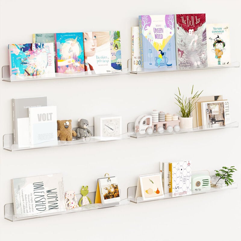 foto del prodotto bakaji 6 x mensole trasparenti da parete scaffali a muro organizer multiuso 38x10x4,8cm