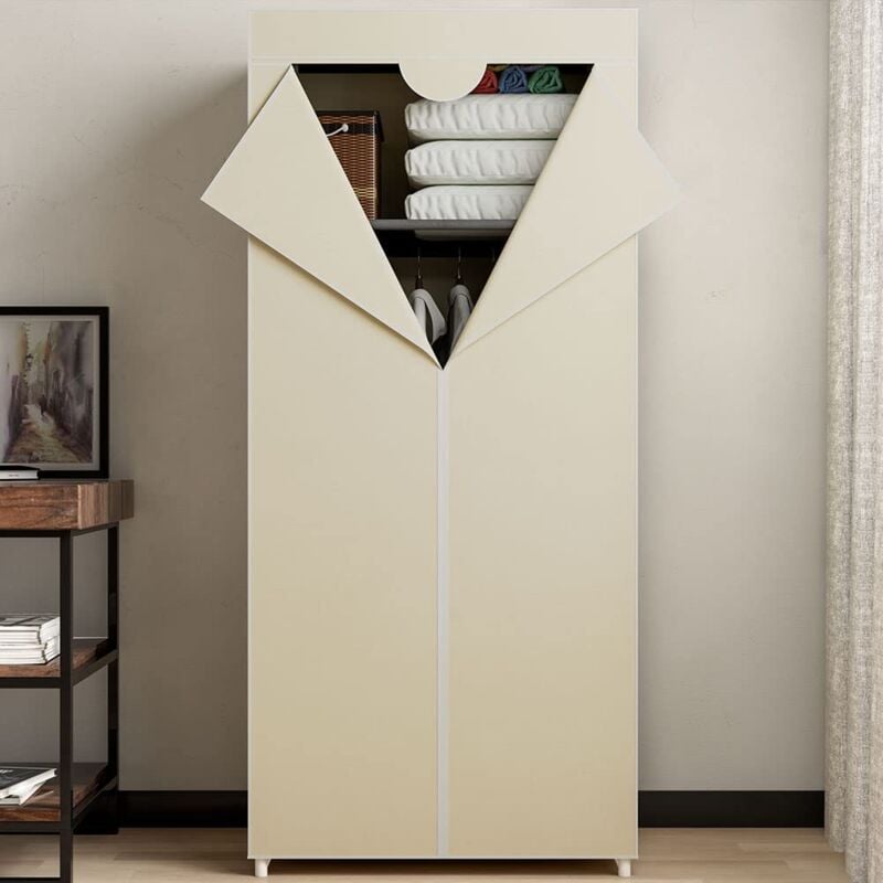 foto del prodotto bakaji armadio guardaroba con struttura tubolare in metallo, mobile salvaspazio con rivestimento in tessuto tnt, zip di chiusura e asta appendiabiti da campeggio, 70 x 46 x 160 cm (beige)