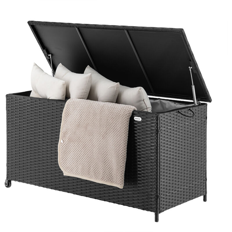 foto del prodotto bakaji baule portaoggetti da giardino cassapanca polyrattan impermeabile 2 ruote nero