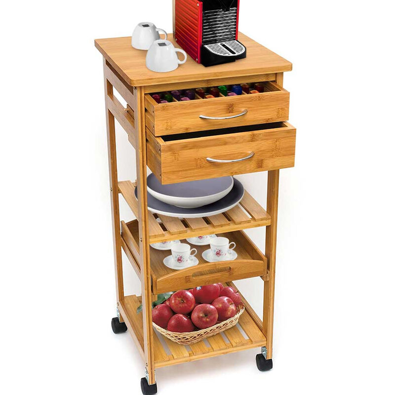 foto del prodotto bakaji carrello cucina in legno bambu 3 ripiani 2 cassetti portaposate vassoio ruote