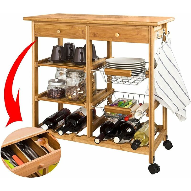 foto del prodotto bakaji carrello cucina legno bambu 2 cassetti portaposate portabottiglie 4 scomparti