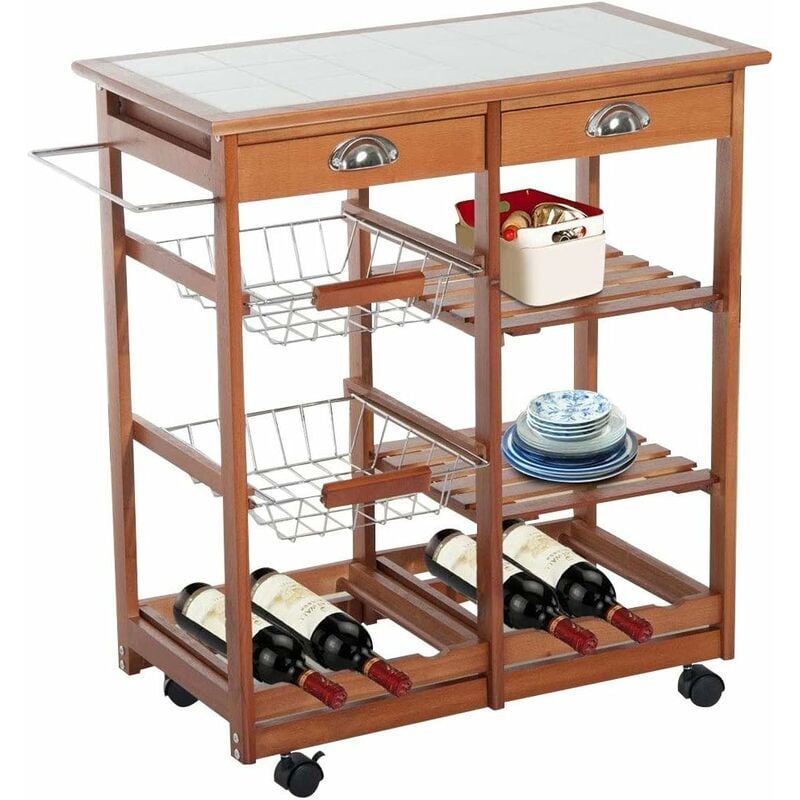 foto del prodotto bakaji carrello cucina legno con cassetti portaposate ripiani cesti e portabottiglie