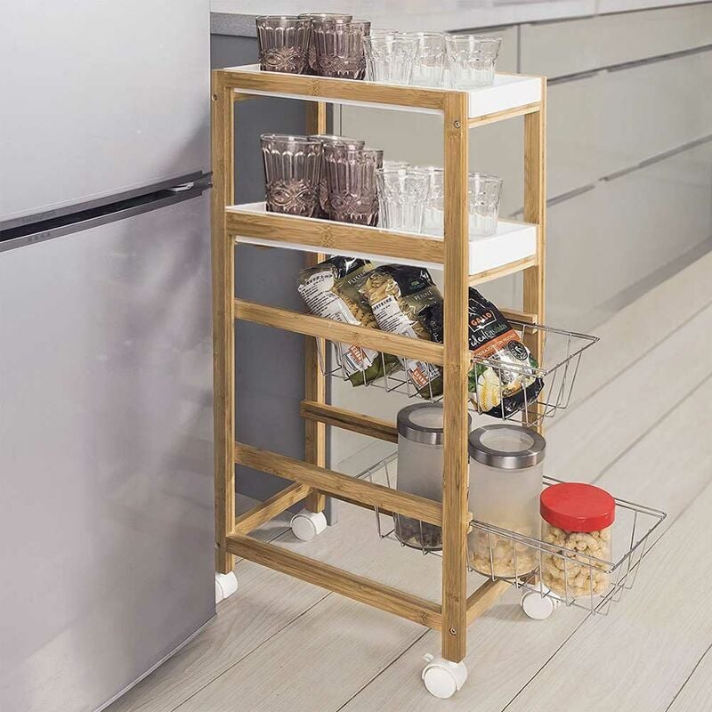 foto del prodotto bakaji carrello cucina slim salvaspazio legno bambu 4 ripiani 2 vassoi 2 cestelli ruote