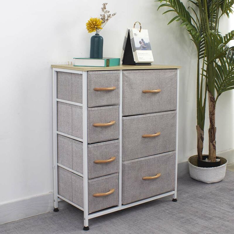 foto del prodotto bakaji cassettiera capiente 7 cassetti mobiletto robusto tessuto grigio chiaro e bianco