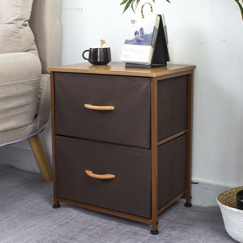 foto del prodotto bakaji - cassettiera comodino 2 cassetti mobiletto tessuto marrone chiaro marrone scuro