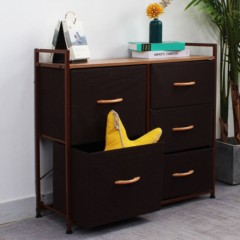 foto del prodotto bakaji - cassettiera in tessuto mobile 5 cassetti marrone chiaro e scuro 77,5x83x29 cm