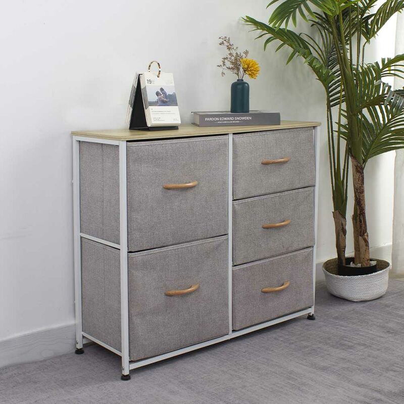 foto del prodotto bakaji cassettiera robusta mobile armadietto 5 cassetti tessuto grigio chiaro e bianco