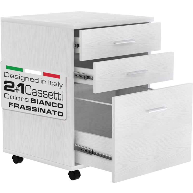 foto del prodotto bakaji cassettiera scrivania ufficio mobiletto stampante 3 cassetti bianco frassinato