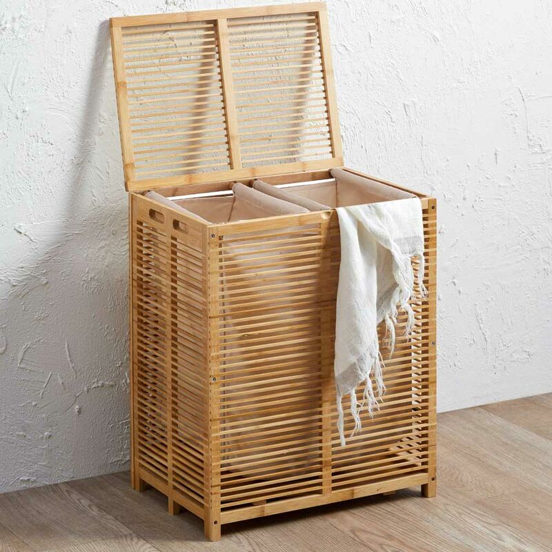 foto del prodotto bakaji cesto biancheria sporca in bambu tessuto portabiancheria 2 scomparti 50x35x60 cm