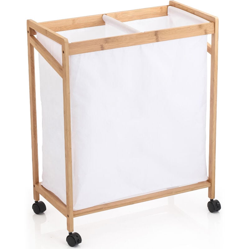 foto del prodotto bakaji cesto porta biancheria sporca salvaspazio in bambù e tessuto bianco con 4 ruote girevoli a 360 , materiali anti odori, sacca slim