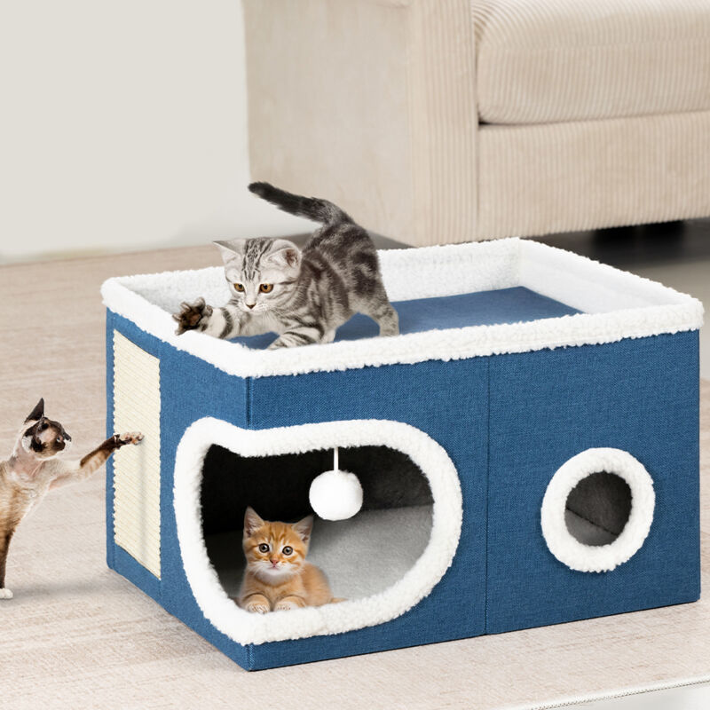 foto del prodotto bakaji cuccia casa per gatti cubo blu tiragraffi casetta animali domestici 58x42x33 cm