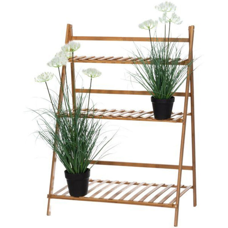 foto del prodotto bakaji fioriera bambu scaffale espositore pieghevole 3 livelli per piante 70x40x97 cm