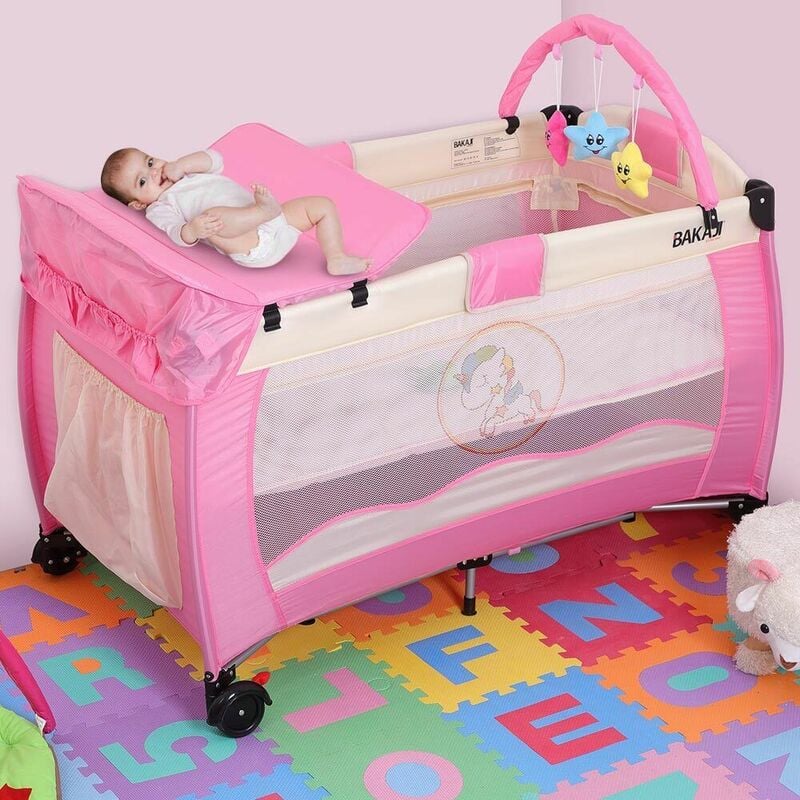 foto del prodotto bakaji lettino culla box gioco fasciatoio e giochi bambini campeggio pieghevole rosa