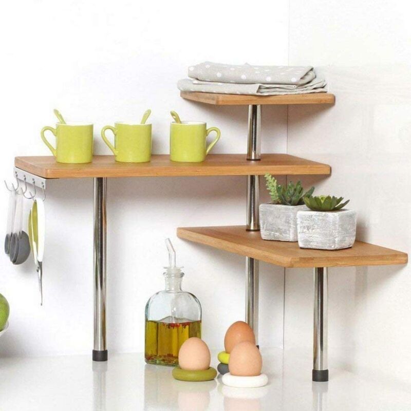 foto del prodotto bakaji mensola scaffale angolare per cucina 3 ripiani legno bamb struttura in acciaio mobile angolare portaspezie portaoggetti con ganci naturale 