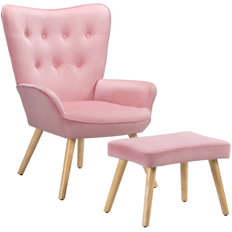 foto del prodotto bakaji poltrona con sgabello da salotto in velluto rosa sedia con poggiapiedi moderno