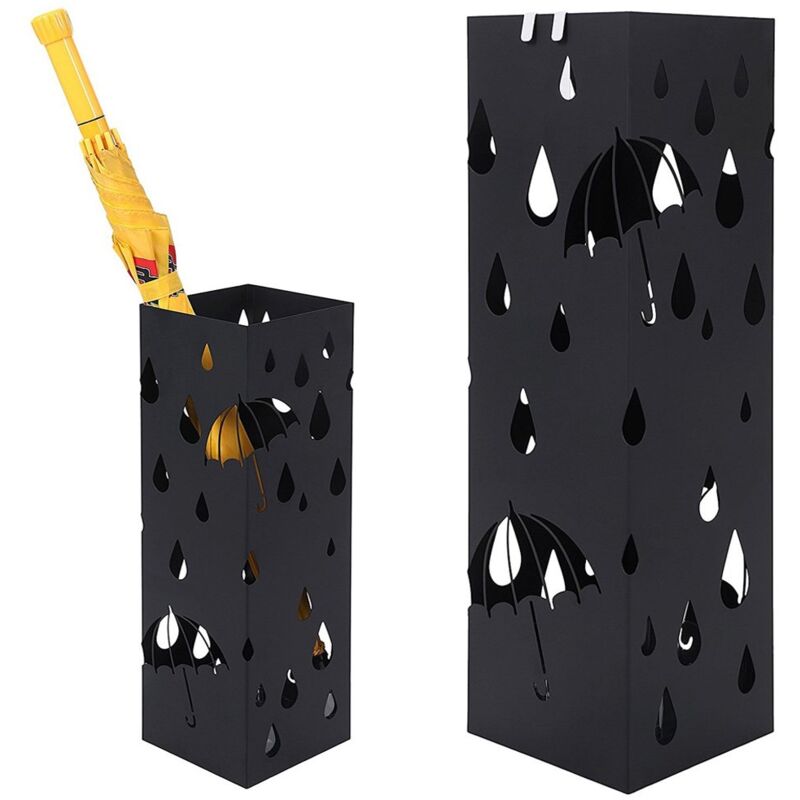 foto del prodotto bakaji portaombrelli stand in ferro design porta ombrelli forma quadrata colore nero con decorazione intarsio ombrelli e gocce vaschetta