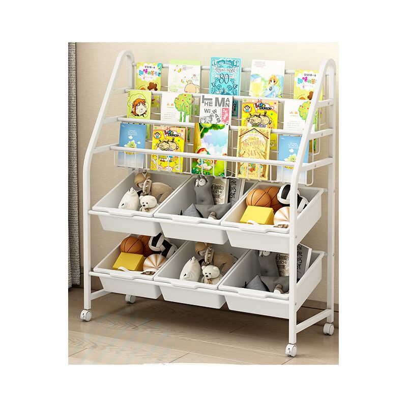 foto del prodotto bakaji scaffale libreria per bambini con 6 scomparti 3 ripiani organizer ferro 4 ruote