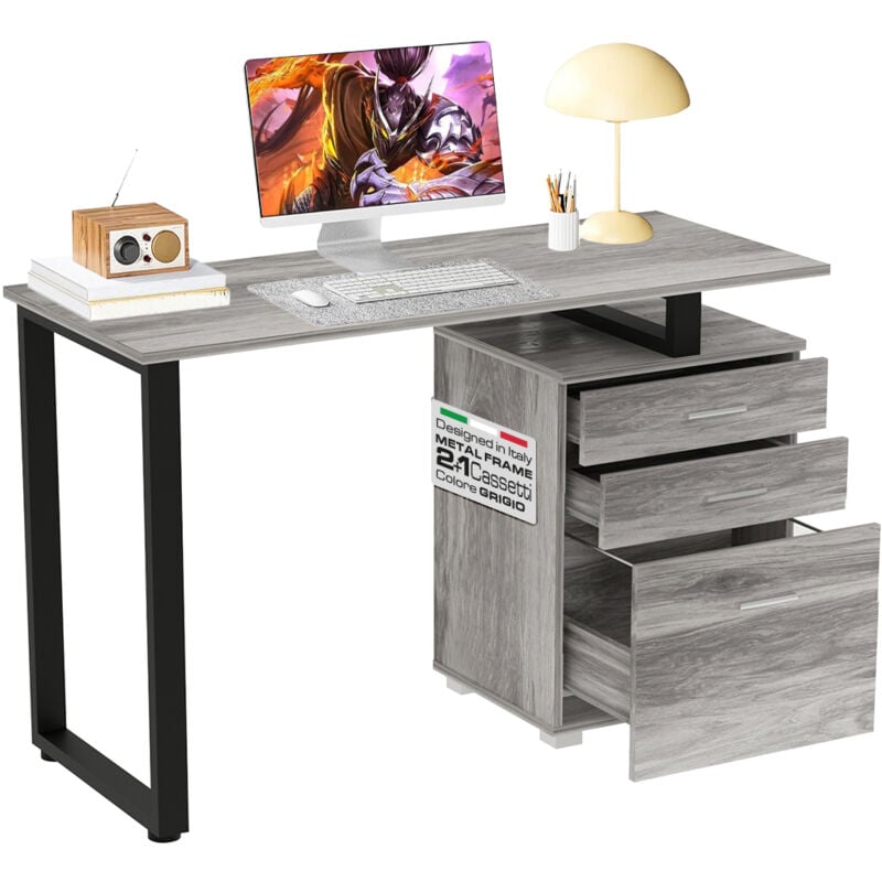 foto del prodotto bakaji - scrivania con cassettiera tavolo porta pc computer acciaio legno ufficio grigio