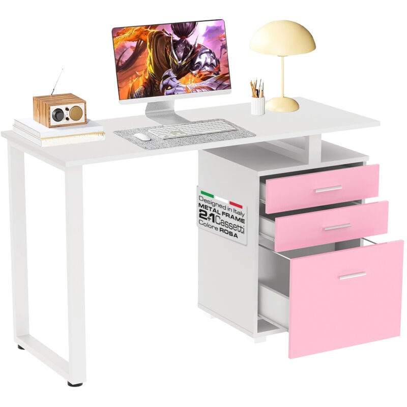 foto del prodotto bakaji scrivania con cassettiera tavolo porta pc computer acciaio piano in legno rosa