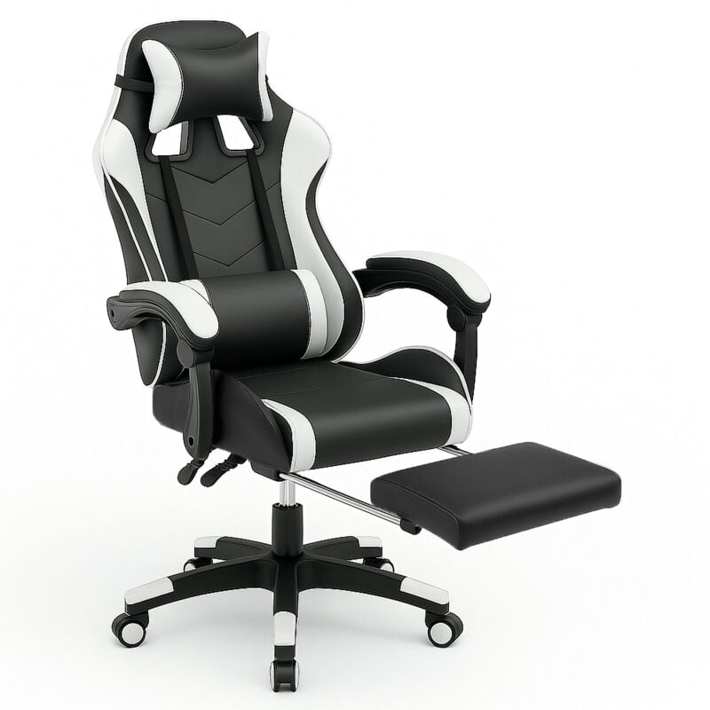 foto del prodotto bakaji sedia da gaming ecopelle nero e bianco reclinabile da scrivania ufficio cameretta