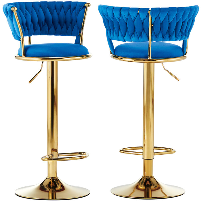 foto del prodotto bakaji set 2 sgabelli cucina bar schienale intrecciato in velluto blu e struttura oro