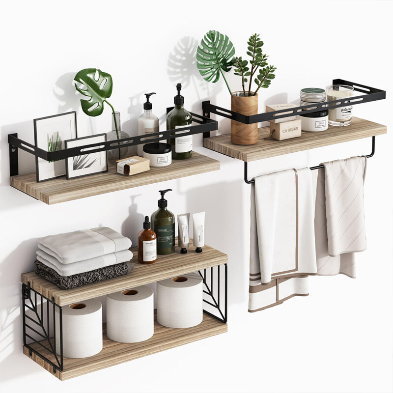 foto del prodotto bakaji set 3 1 mensole da parete in legno noce scaffalatura scaffale muro versatile