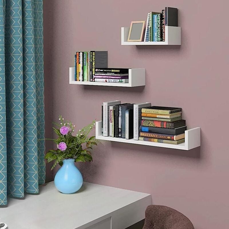 foto del prodotto bakaji set 3 mensole da parete moderne design con bordi mensola scaffale legno bianco