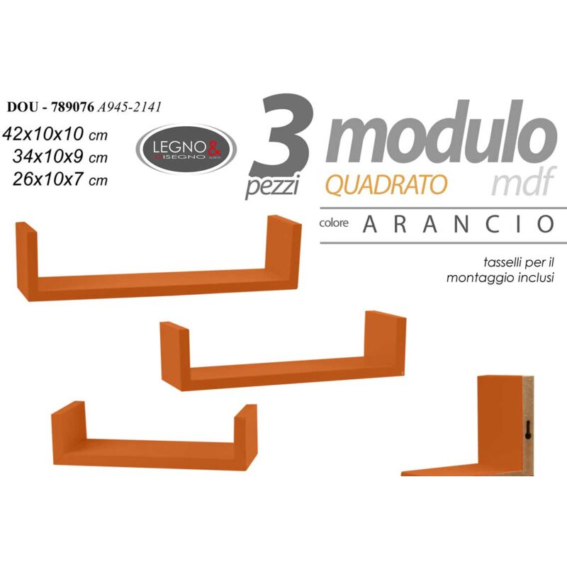 foto del prodotto bakaji set 3 mensole lineari in differenti dimensioni con finitura arancione