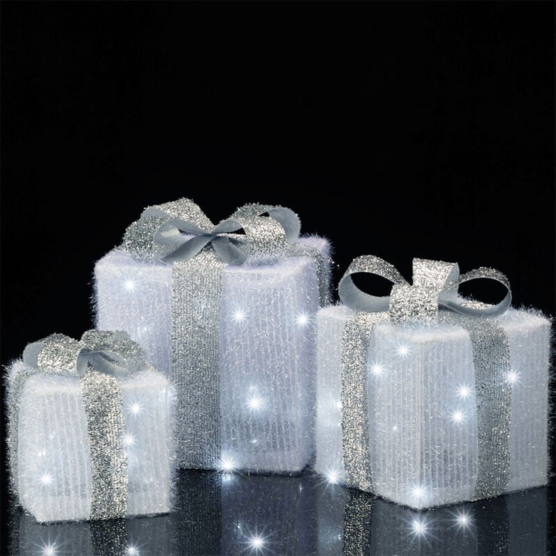 foto del prodotto bakaji set 3 pacchetti pacchi regalo luminosi natale bianco e argento interni e esterni