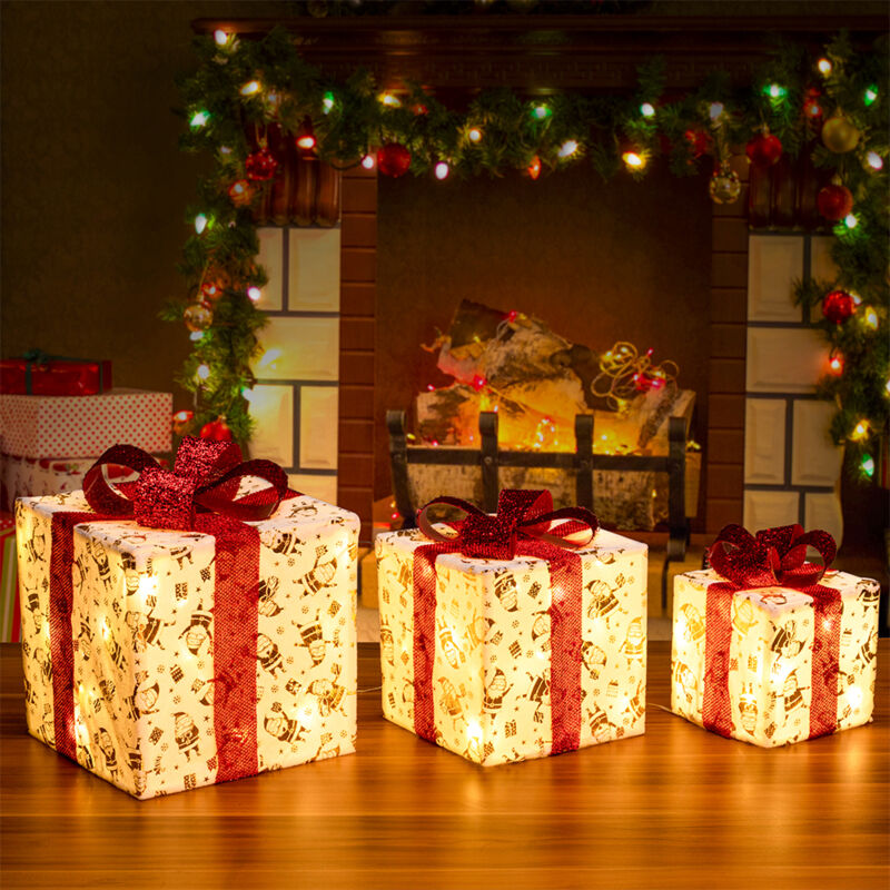 foto del prodotto bakaji set 3 pacchetti pacchi regalo luminosi natale fiocco rosso e luce bianco caldo