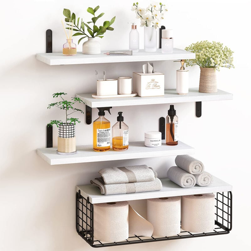 foto del prodotto bakaji set 4 1 mensole da parete bianco in legno scaffali a muro scaffalatura multiuso