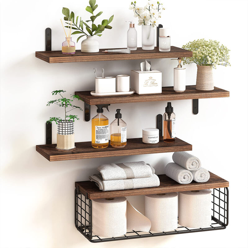 foto del prodotto bakaji set 4 1 mensole da parete in legno rustico scaffali a muro scaffalatura multiuso