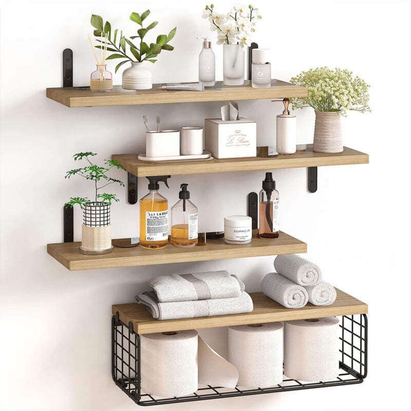 foto del prodotto bakaji set 4 1 mensole da parete quercia in legno scaffali a muro scaffalatura multiuso