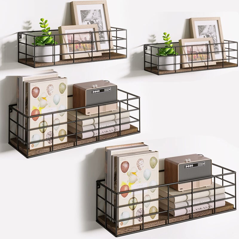 foto del prodotto bakaji set 4 mensole da parete design industrial legno noce scaffalatura scaffale muro