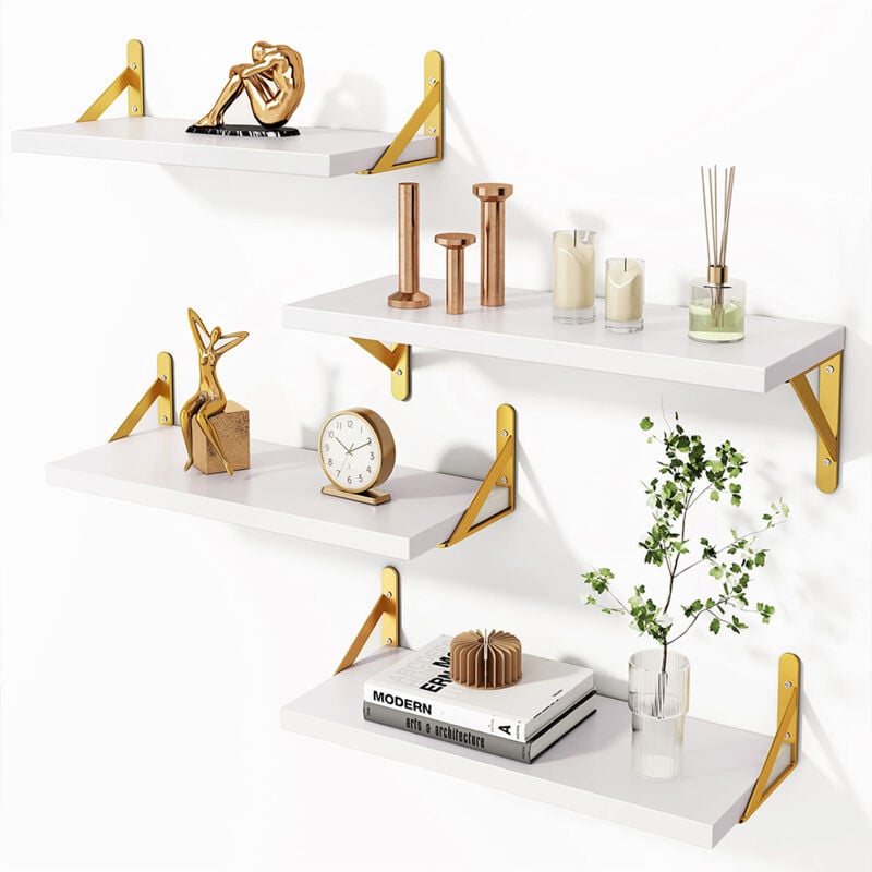 foto del prodotto bakaji set 4 mensole da parete in legno bianco e staffe oro scaffalatura scaffale muro