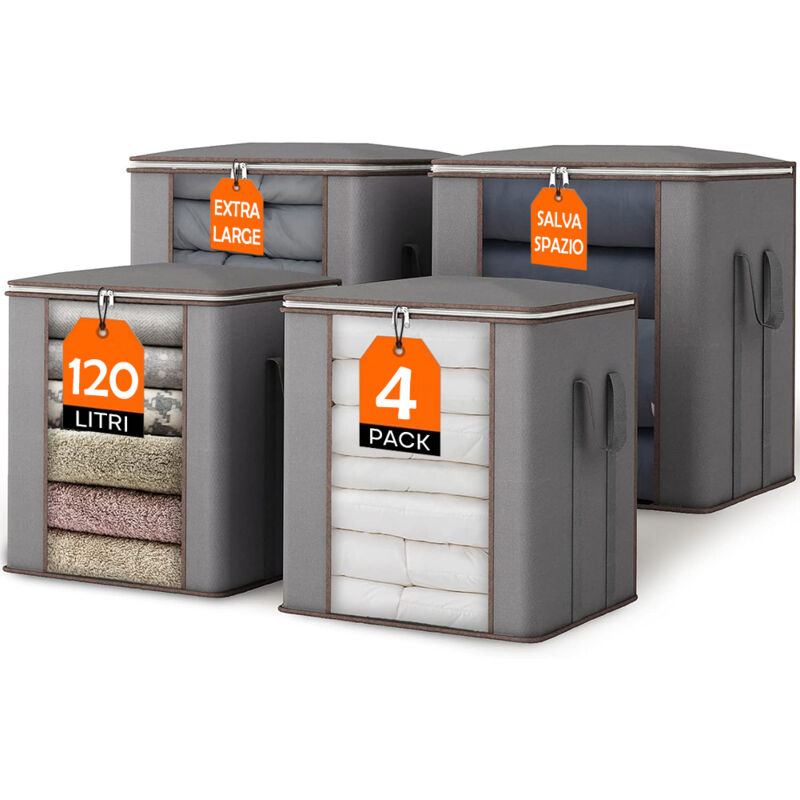 foto del prodotto bakaji set 4 sacchetti contenitori extra large 120l manici rinforzati organizer casa
