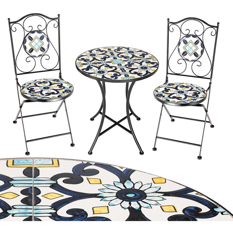 foto del prodotto bakaji set tavolo e sedie pieghevoli tavolino design mosaico blu arredo esterno giardino