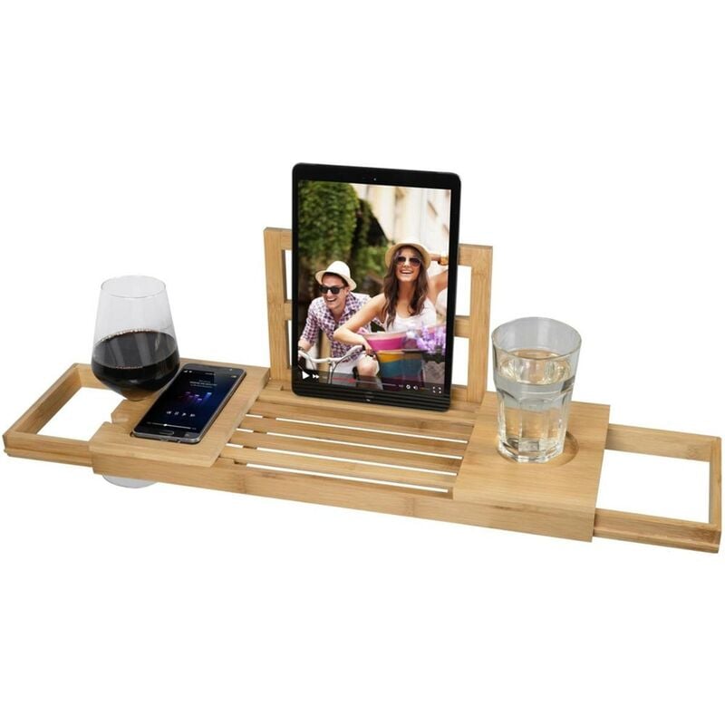 foto del prodotto bakaji tavolino vassoio vasca bagno regolabile legno bambu supporto tablet scomparti