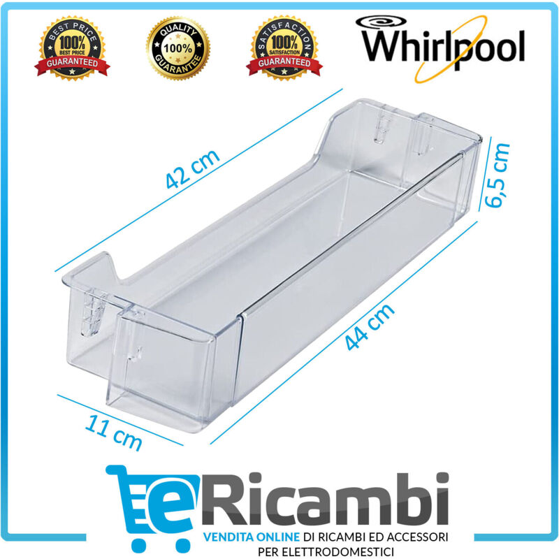 foto del prodotto balconcino mensola portabottiglie compatibile con frigoriferi whirlpool ariston indesit, dimensioni 444x110x65 mm trasparente, modelli
