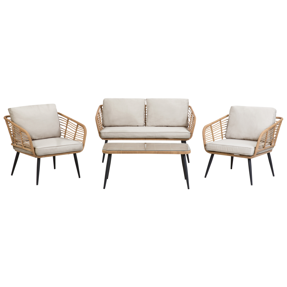 foto del prodotto balcone set bistrot beige rattan sintetico cuscini tavolino e 2 sedie design esterno moderno