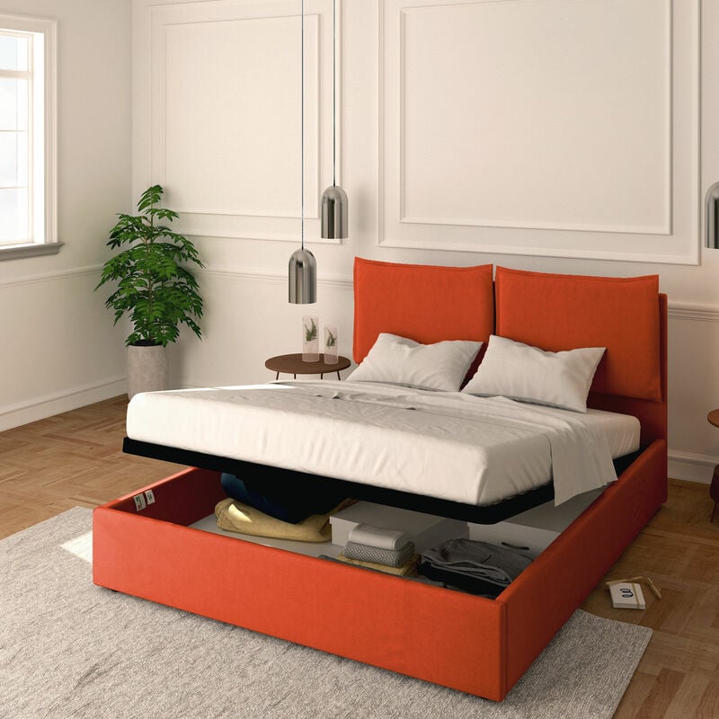 foto del prodotto baldiflex - letto contenitore matrimoniale 160x200 licia in tessuto con rete a doghe colore arancione orange