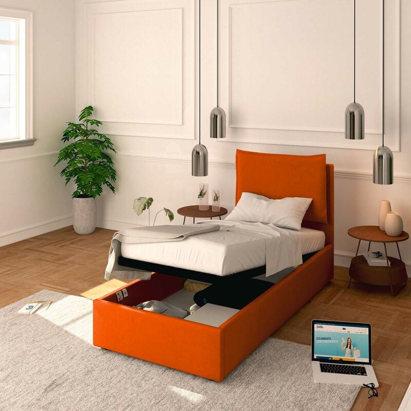 foto del prodotto baldiflex - letto contenitore singolo 80x190 licia in tessuto con rete a doghe colore arancione orange