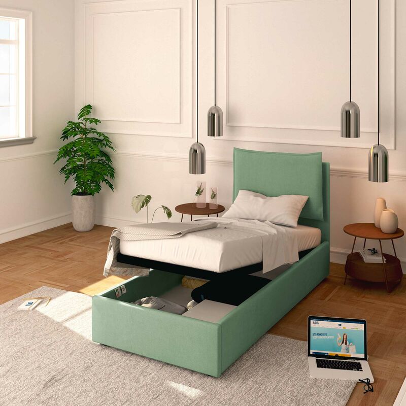 foto del prodotto baldiflex - letto contenitore singolo 80x190 licia in tessuto con rete a doghe colore verde menta mint