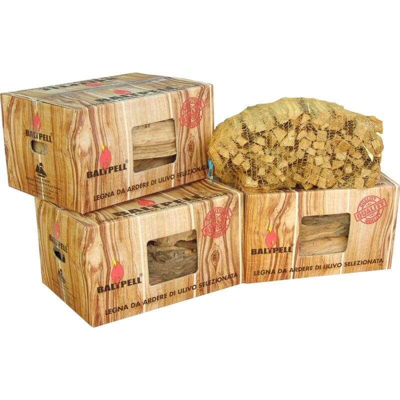 foto del prodotto baltpell set legna da ardere ulivo 10kg 3 cartoni 30kg legnetti accendifuoco 3kg