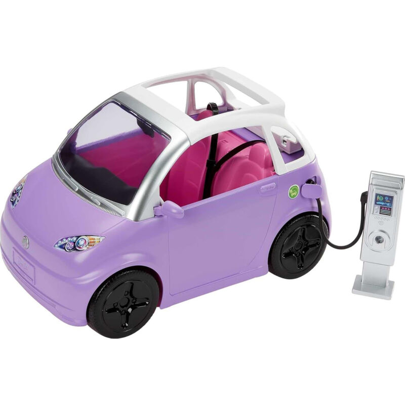 foto del prodotto bambola auto elettrica viola tettuccio stazione e cavo di ricarica barbie