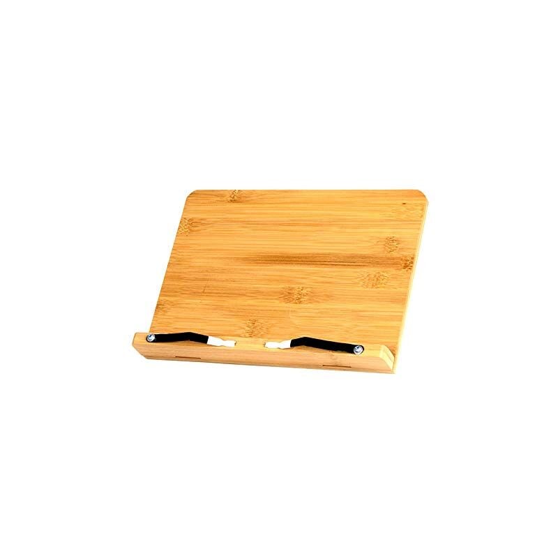 foto del prodotto bamboo book stand with 2 metal page holders for cookbooks, recipes, ipad, tablets small size 